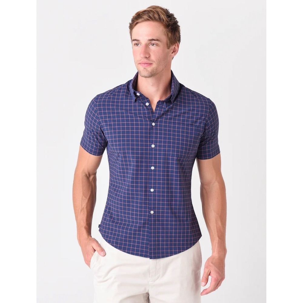 MIZZEN + MAIN Men's Short Sleeve Button Down Shirt Leeward Trim Fit‎ Navy XL